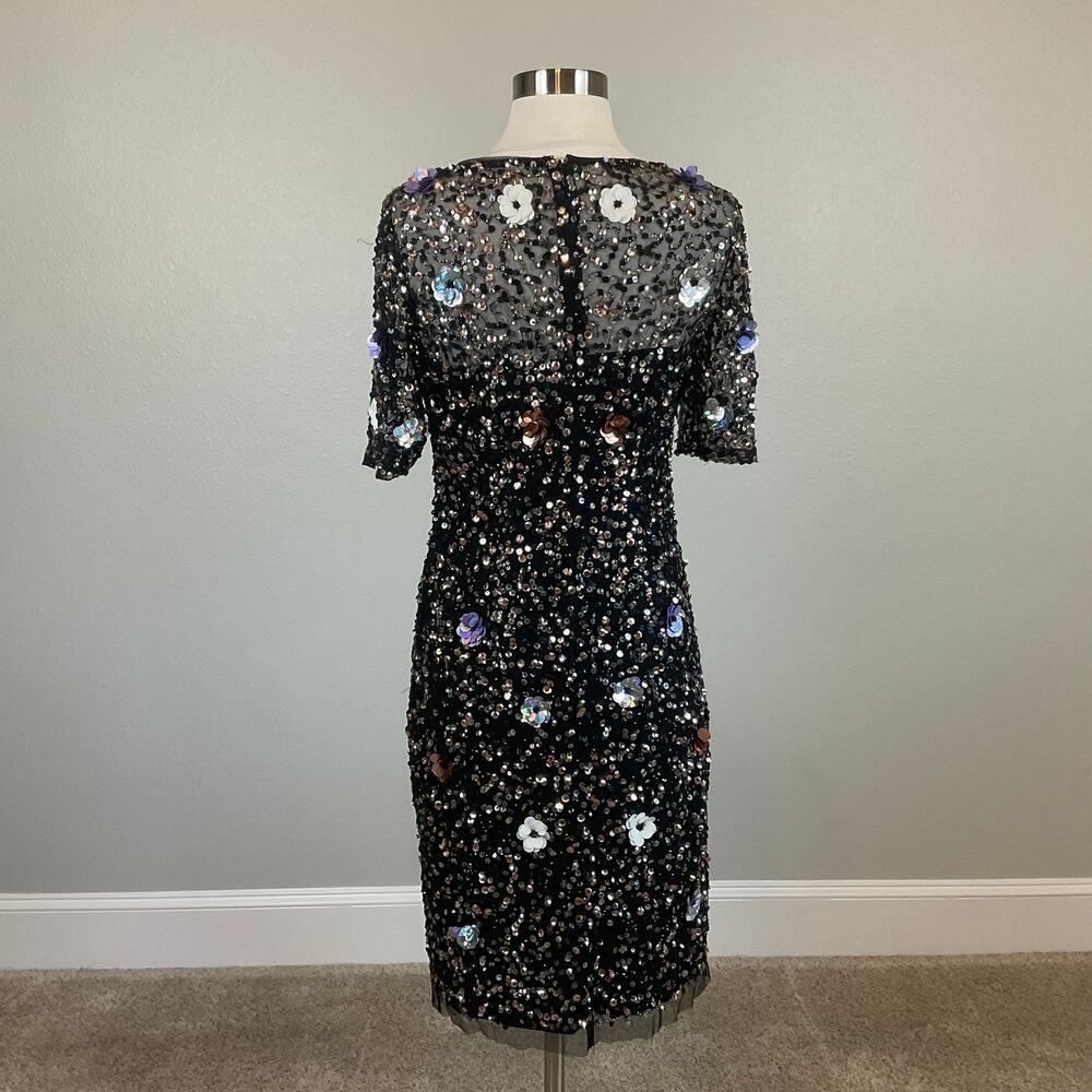 Adrianna Papell Sequined Floral Midi Sheath Cocktail Dress Sparkly Black Size 4 - Picture 5 of 11